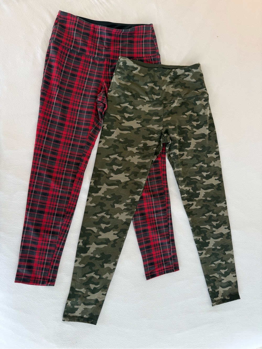 Pair of Leggings by Casablanca - Red Plaid & Green Camo. Size Small